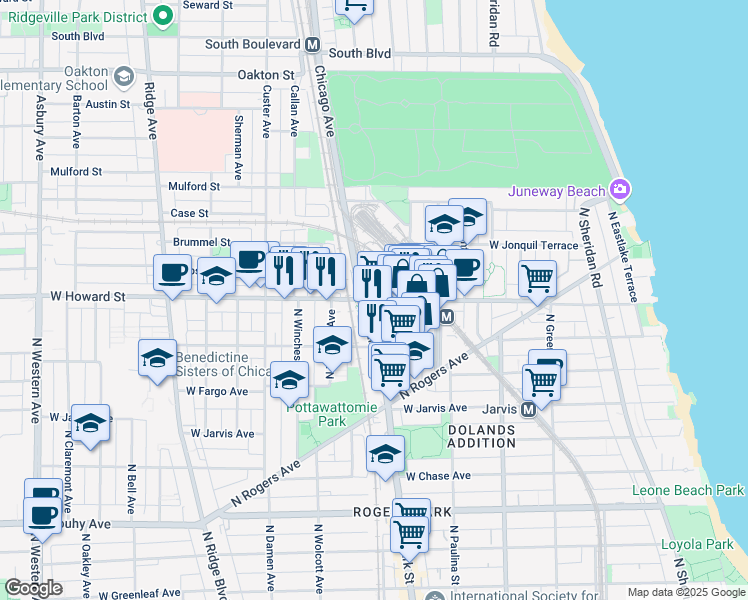 map of restaurants, bars, coffee shops, grocery stores, and more near in Evanston