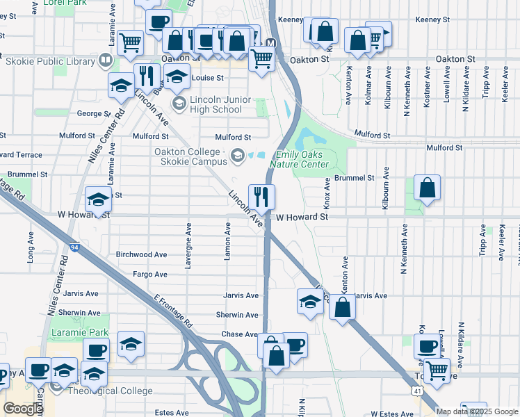 map of restaurants, bars, coffee shops, grocery stores, and more near 7601 Lincoln Avenue in Skokie
