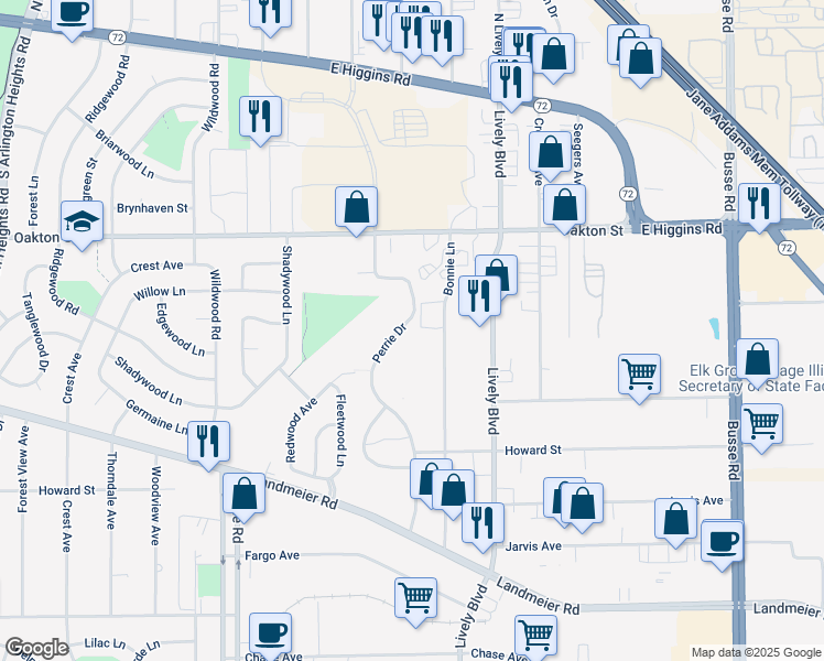 map of restaurants, bars, coffee shops, grocery stores, and more near 480 Bonnie Lane in Elk Grove Village