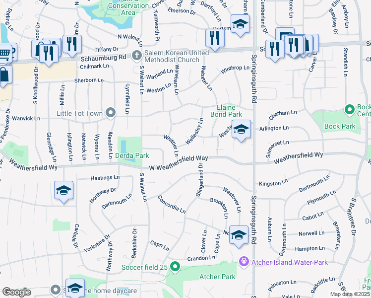 map of restaurants, bars, coffee shops, grocery stores, and more near 307 Wellesley Lane in Schaumburg