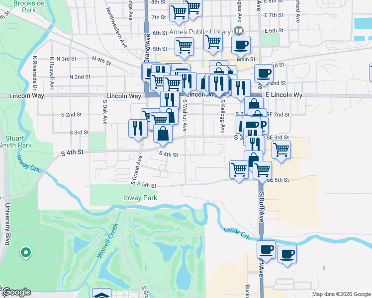 map of restaurants, bars, coffee shops, grocery stores, and more near 316 South Walnut Avenue in Ames