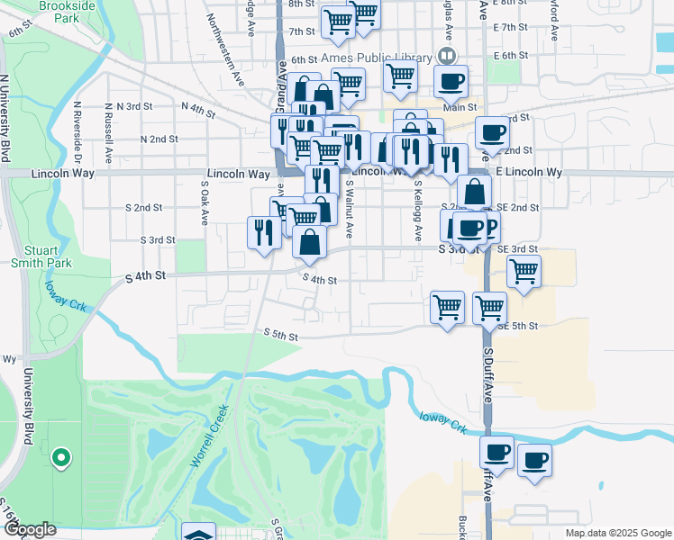 map of restaurants, bars, coffee shops, grocery stores, and more near 515 South 4th Street in Ames