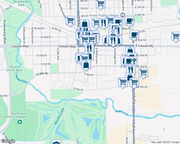 map of restaurants, bars, coffee shops, grocery stores, and more near 515 South 4th Street in Ames