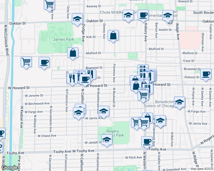 map of restaurants, bars, coffee shops, grocery stores, and more near 1625 Howard Street in Evanston