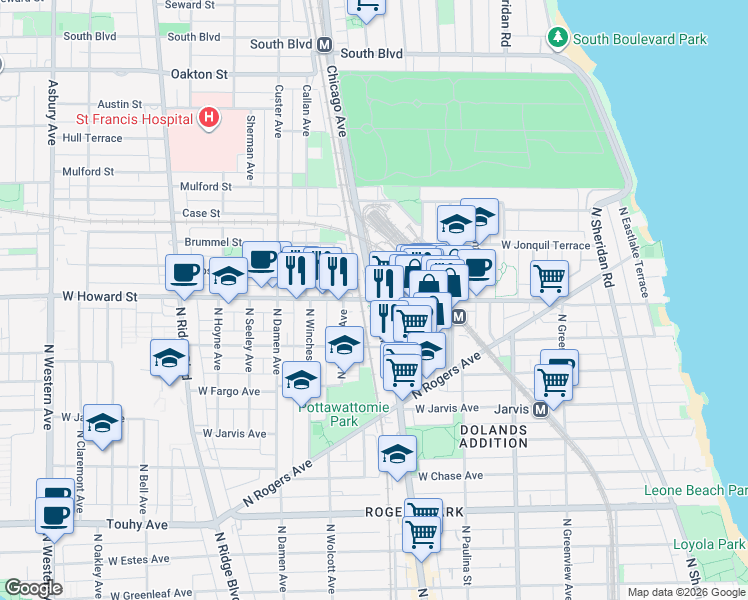 map of restaurants, bars, coffee shops, grocery stores, and more near N Clark St & Howard St in Evanston