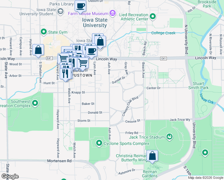 map of restaurants, bars, coffee shops, grocery stores, and more near 320 Ash Avenue in Ames