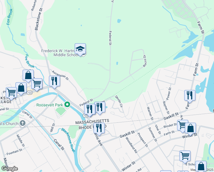 map of restaurants, bars, coffee shops, grocery stores, and more near 35 Federal Street in Blackstone