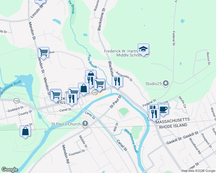 map of restaurants, bars, coffee shops, grocery stores, and more near 82 Main Street in Blackstone