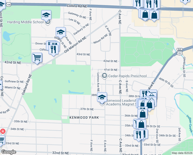 map of restaurants, bars, coffee shops, grocery stores, and more near 631 40th Street Northeast in Cedar Rapids