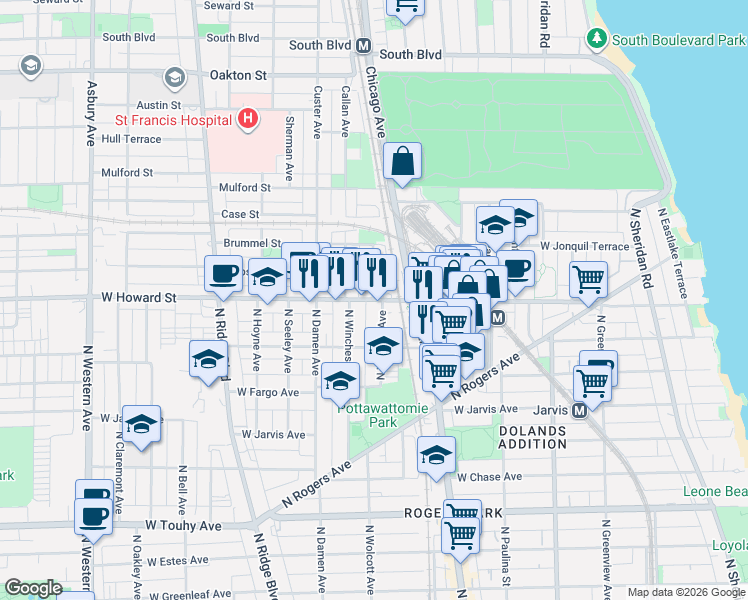 map of restaurants, bars, coffee shops, grocery stores, and more near Howard Street & Clyde Avenue in Evanston