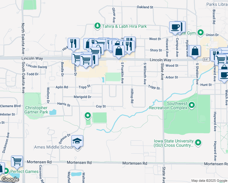 map of restaurants, bars, coffee shops, grocery stores, and more near 241 Village Drive in Ames