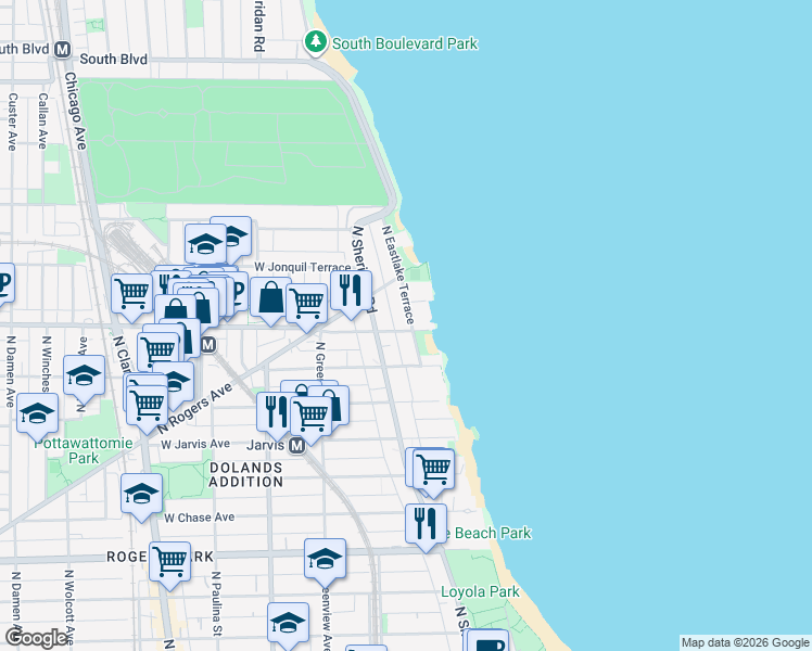map of restaurants, bars, coffee shops, grocery stores, and more near 7600 North Eastlake Terrace in Chicago