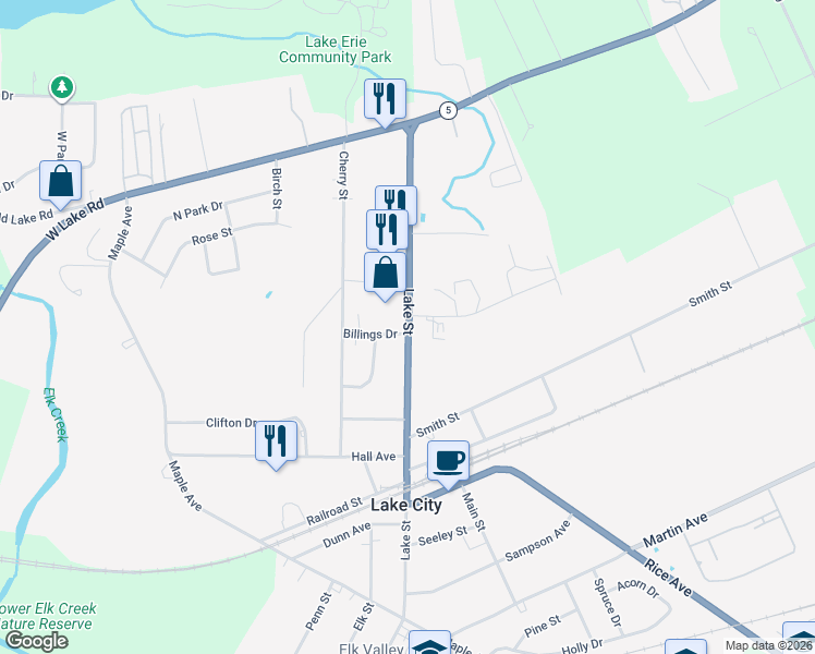 map of restaurants, bars, coffee shops, grocery stores, and more near 1580 Lake Street in Lake City