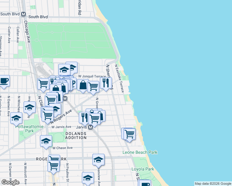 map of restaurants, bars, coffee shops, grocery stores, and more near 7603 North Sheridan Road in Chicago
