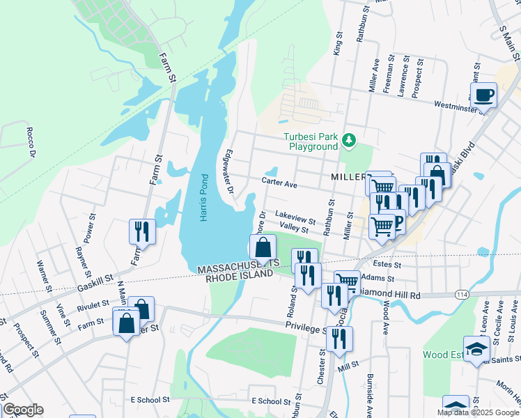 map of restaurants, bars, coffee shops, grocery stores, and more near 13 Shore Drive in Blackstone