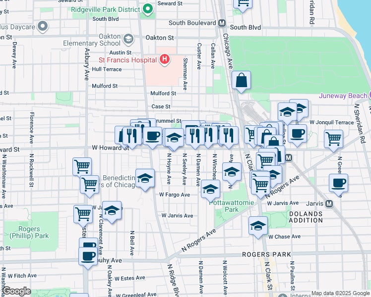 map of restaurants, bars, coffee shops, grocery stores, and more near 7630 North Seeley Avenue in Chicago