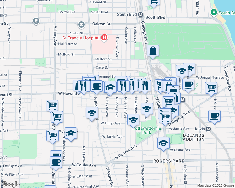 map of restaurants, bars, coffee shops, grocery stores, and more near W Howard St & N Seeley Ave in Chicago