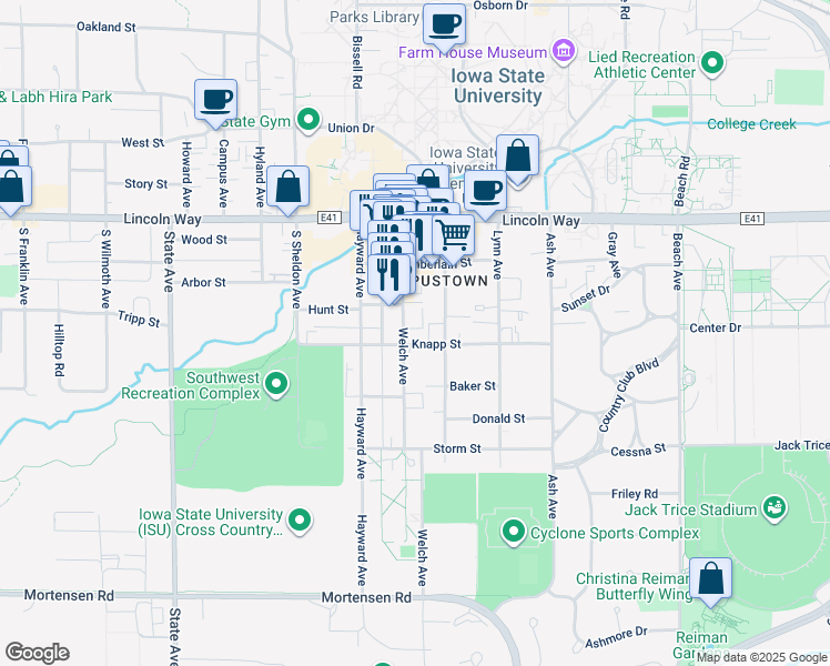 map of restaurants, bars, coffee shops, grocery stores, and more near 324 Welch Avenue in Ames