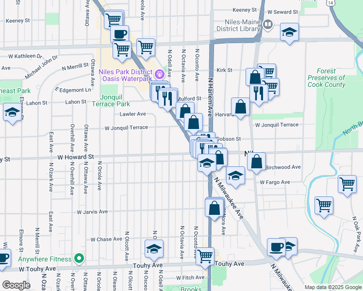 map of restaurants, bars, coffee shops, grocery stores, and more near 7624 North Milwaukee Avenue in Niles