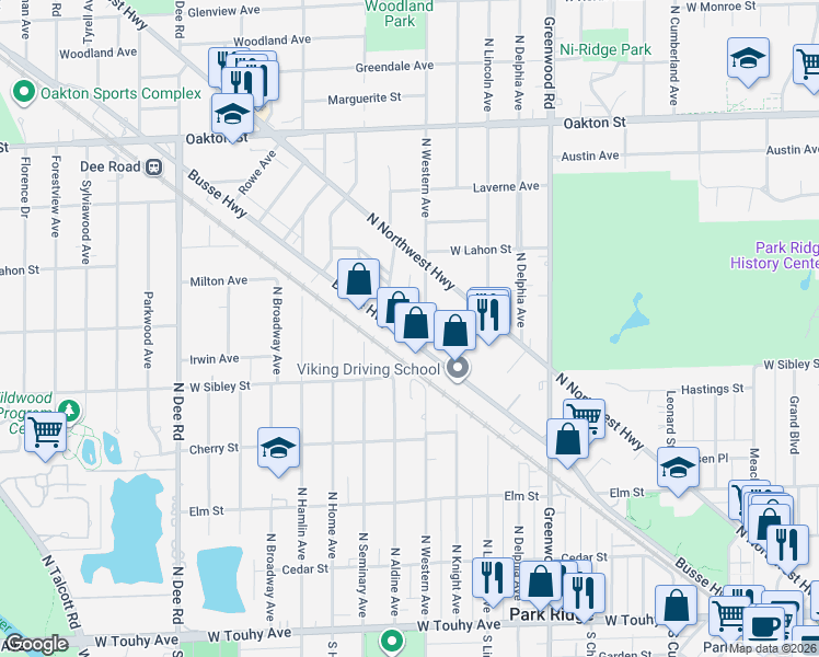 map of restaurants, bars, coffee shops, grocery stores, and more near 702 North Western Avenue in Park Ridge