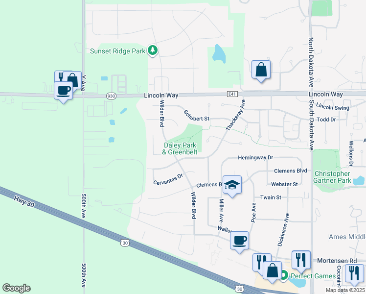 map of restaurants, bars, coffee shops, grocery stores, and more near 340 Wilder Boulevard in Ames