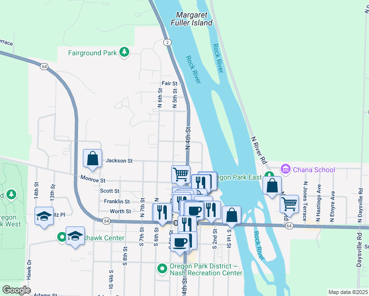 map of restaurants, bars, coffee shops, grocery stores, and more near 408 North 4th Street in Oregon