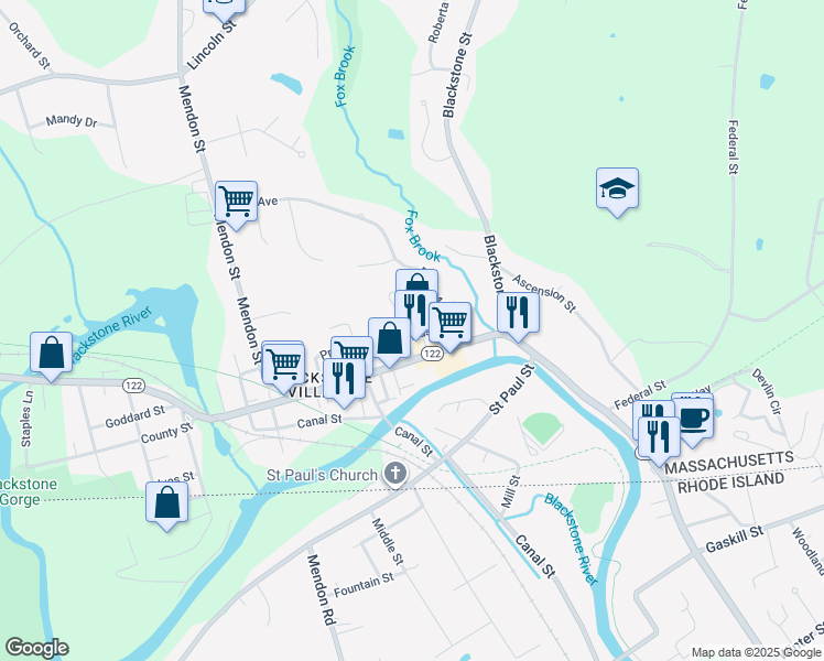 map of restaurants, bars, coffee shops, grocery stores, and more near 5 Austin Street in Blackstone