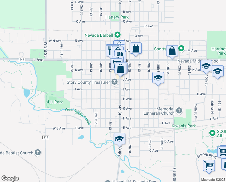 map of restaurants, bars, coffee shops, grocery stores, and more near 508 I Avenue in Nevada