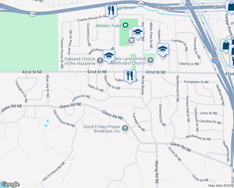 map of restaurants, bars, coffee shops, grocery stores, and more near 2816 Falcon Drive Northeast in Cedar Rapids