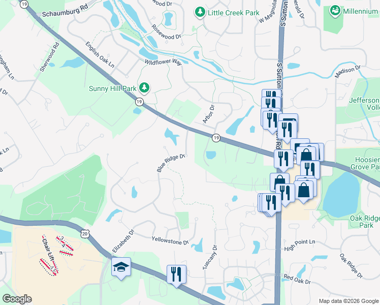 map of restaurants, bars, coffee shops, grocery stores, and more near 711 Blue Ridge Drive in Streamwood