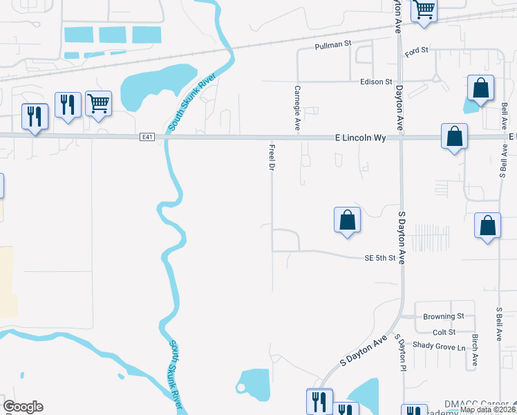 map of restaurants, bars, coffee shops, grocery stores, and more near 315 Freel Drive in Ames