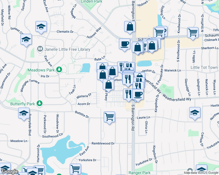map of restaurants, bars, coffee shops, grocery stores, and more near 1534 Burgundy Parkway in Streamwood