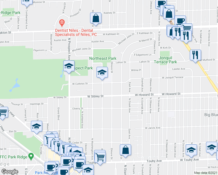 map of restaurants, bars, coffee shops, grocery stores, and more near 622 Elmore Street in Park Ridge