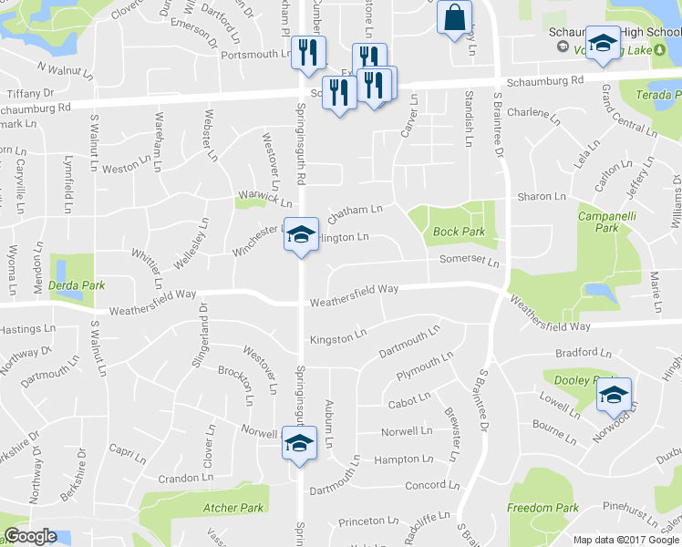 map of restaurants, bars, coffee shops, grocery stores, and more near 1509 Somerset Lane in Schaumburg