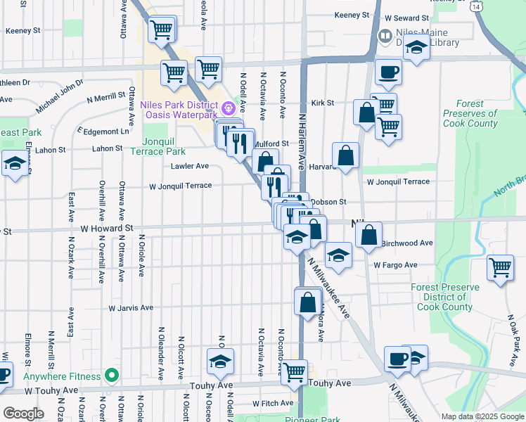 map of restaurants, bars, coffee shops, grocery stores, and more near 7628 North Milwaukee Avenue in Niles