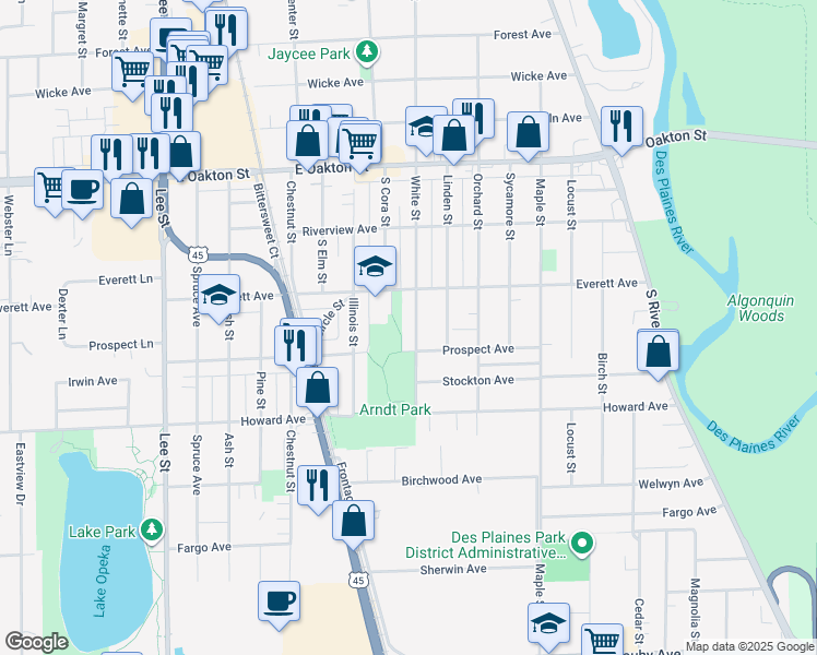 map of restaurants, bars, coffee shops, grocery stores, and more near 1862 White Street in Des Plaines