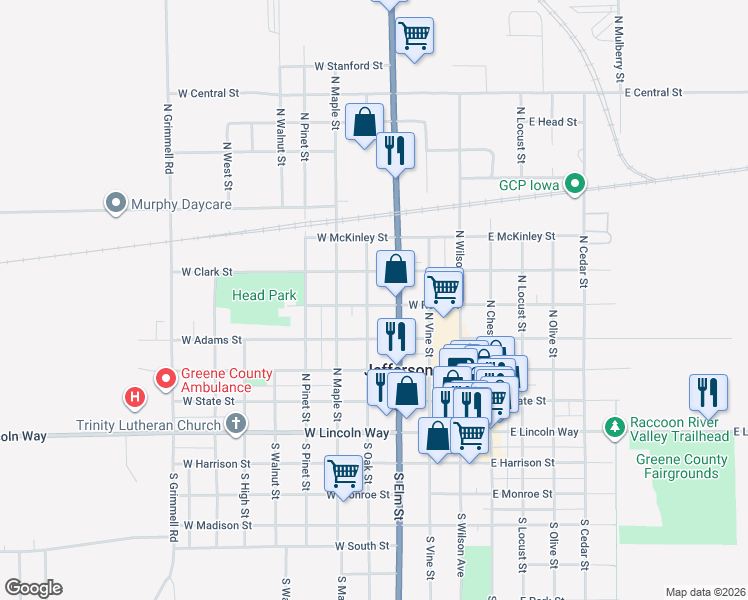 map of restaurants, bars, coffee shops, grocery stores, and more near 306 West Reed Street in Jefferson