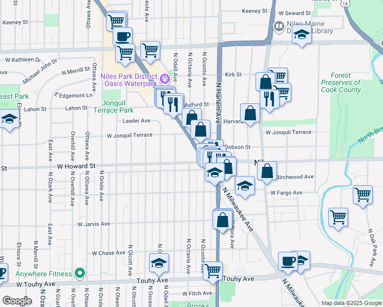 map of restaurants, bars, coffee shops, grocery stores, and more near 7624 North Milwaukee Avenue in Niles