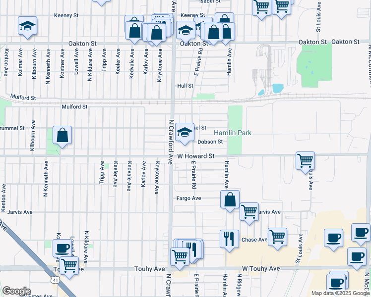 map of restaurants, bars, coffee shops, grocery stores, and more near 3907 Dobson Street in Skokie