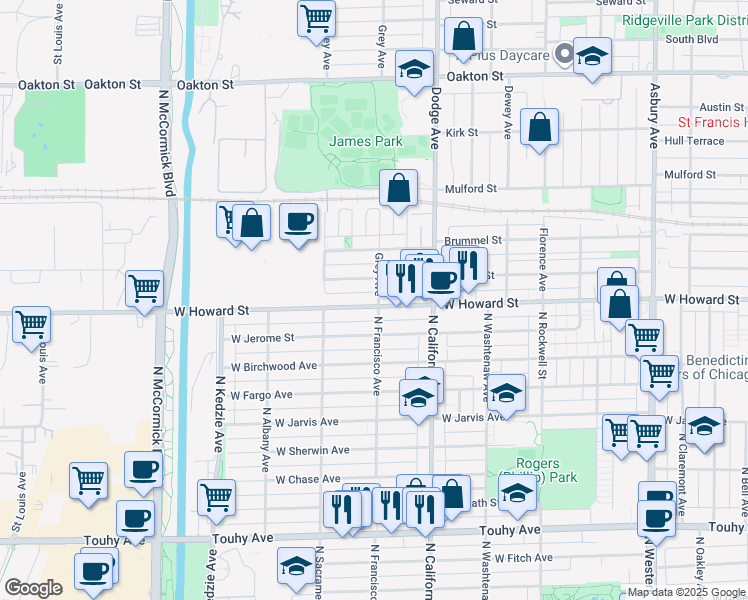 map of restaurants, bars, coffee shops, grocery stores, and more near 2101 Howard Street in Evanston