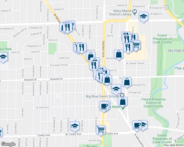 map of restaurants, bars, coffee shops, grocery stores, and more near 7624 North Milwaukee Avenue in Niles