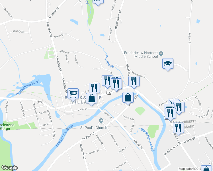 map of restaurants, bars, coffee shops, grocery stores, and more near 5 Austin Street in Blackstone