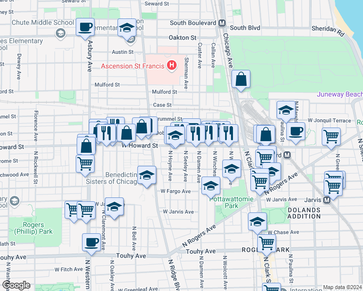 map of restaurants, bars, coffee shops, grocery stores, and more near in Evanston