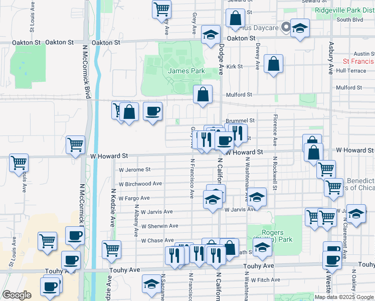map of restaurants, bars, coffee shops, grocery stores, and more near 2101 Howard Street in Evanston