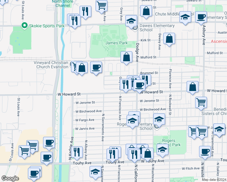 map of restaurants, bars, coffee shops, grocery stores, and more near 2131 Howard Street in Evanston