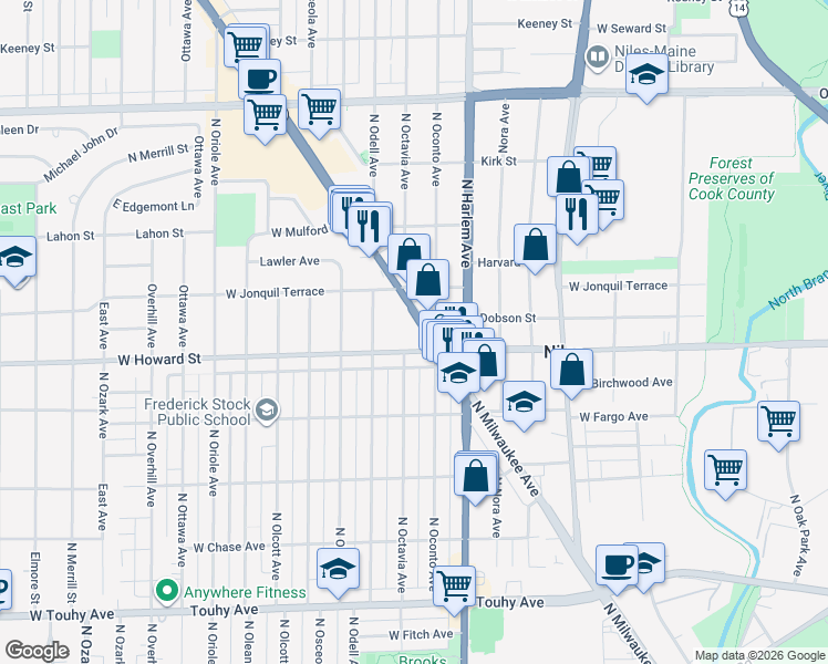 map of restaurants, bars, coffee shops, grocery stores, and more near 7624 North Milwaukee Avenue in Niles