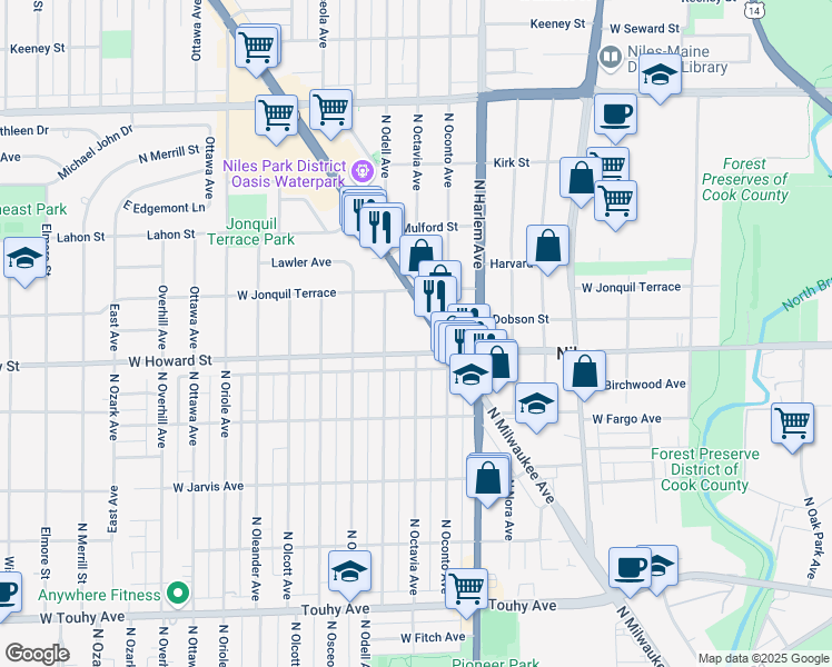 map of restaurants, bars, coffee shops, grocery stores, and more near 7624 North Milwaukee Avenue in Niles