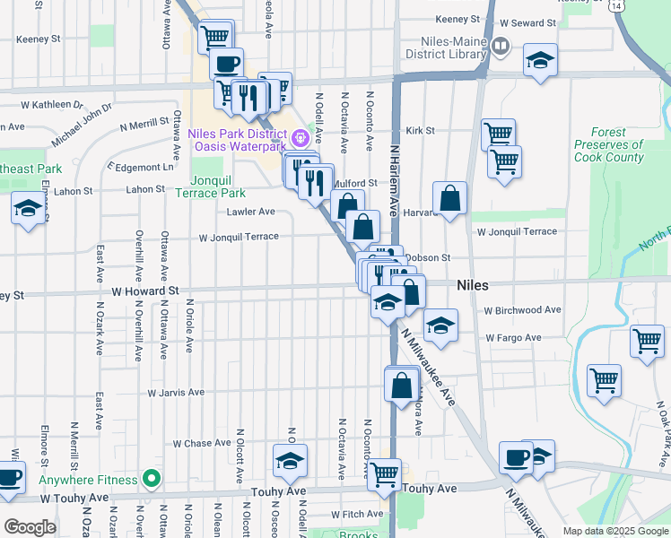 map of restaurants, bars, coffee shops, grocery stores, and more near 7617 North Odell Avenue in Niles