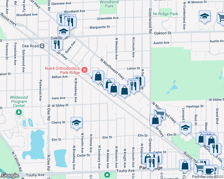 map of restaurants, bars, coffee shops, grocery stores, and more near 702 North Western Avenue in Park Ridge