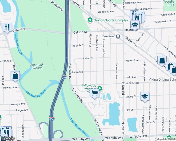 map of restaurants, bars, coffee shops, grocery stores, and more near 701 Florence Drive in Park Ridge